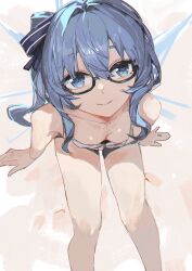 1girl absurdres bare_legs black_shorts blue_eyes blue_hair breasts camisole closed_mouth collarbone dimas_(dimas79756948) from_above glasses hair_ribbon highres hololive hoshimachi_suisei looking_at_viewer looking_up ribbon short_shorts shorts side_ponytail sitting small_breasts smile solo star_(symbol) star_in_eye symbol_in_eye thighs white_camisole
