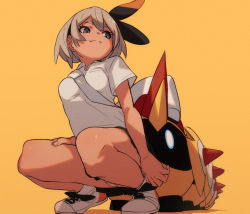 1girl bea_(pokemon) between_breasts black_hairband blonde_hair bow_hairband breasts closed_mouth collared_shirt commentary_request dark-skinned_female dark_skin eyelashes falinks from_below fu-ta gen_8_pokemon grey_eyes hairband looking_back nintendo panties pantyshot pokemon pokemon_(creature) pokemon_swsh school_uniform shirt shoes short_hair short_sleeves skirt smile squatting strap_between_breasts striped_clothes striped_panties underwear white_bag white_footwear white_shirt yellow_background