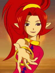 1girl bodysuit bracelet dark-skinned_female dark_skin din female_focus jewelry long_hair lots_of_jewelry nintendo open_mouth pointy_ears red_eyes red_hair smile solo the_legend_of_zelda the_legend_of_zelda:_oracle_of_seasons
