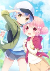 ad azsprinkle bird blue_hair blue_sky blush braid city cityscape cloud cloudy_sky comic_girls feathers hair_between_eyes hair_ornament katsuki_tsubasa looking_at_viewer moeta_kaoruko multiple_girls open_mouth pink_eyes pink_hair short_hair short_shorts shorts sky yellow_eyes