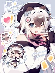 ! &gt;_&lt; 1girl :d animal_ears bare_shoulders black_bow black_bowtie black_hair black_hat blue_bow blue_eyes bow bowtie chibi chibi_inset commentary commission crossed_bangs dated diamond_(shape) double-parted_bangs english_commentary gradient_background grey_background grid_background hair_between_eyes hair_bow hair_over_shoulder hand_up hat heart highres jacket jacket_partially_removed long_sleeves looking_to_the_side medium_hair multicolored_hair one_eye_closed open_mouth original orphaneater_io outline paw_hair_ornament pink_shirt raccoon_ears raccoon_girl raccoon_tail red_background shirt sidelocks sleeveless sleeveless_shirt sleeves_past_wrists smile speech_bubble star_(symbol) tail thank_you twitter_username two-tone_hair v vgen_commission white_background white_hair white_jacket white_outline