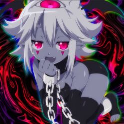1other bk_(barakoodra) colored_skin cuffs elef_(barakoodra) facial_tattoo fang feet grey_skin handcuffs head_wings jitome open_mouth original pointy_ears smile solo tattoo thighhighs toeless_legwear toes wings