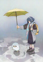 1girl alice_(raneblu) backpack bag bandaged_leg bandages bird black_boots black_skirt black_sweater blue_hair boots brown_eyes coat collared_shirt hairband highres holding holding_umbrella long_sleeves open_clothes open_coat original outdoors outstretched_arm pleated_skirt puddle purple_socks rain raneblu ripples shirt short_hair skirt socks solo standing sweater umbrella white_shirt