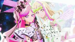 2girls bare_arms bare_shoulders black_gloves black_hair blonde_hair blunt_bangs bow bowtie bracelet braid choker collage cure_kiss cure_zukyuun dress earrings elbow_gloves fortissimo frilled_dress frilled_shirt frills gloves gradient_hair green_hair hair_extensions hair_ornament hair_ribbon hair_wings hands_on_another&#039;s_hands heart-shaped_lock highres idol jewelry kimi_to_idol_precure long_hair looking_at_viewer mature_female multicolored_hair multiple_earrings multiple_girls musical_note musical_note_hair_ornament official_art parted_bangs pearl_earrings pink_hair precure ribbon ribbon_choker shirt single_bare_shoulder single_elbow_glove sky smile star_(sky) starry_sky starry_sky_print text_focus thumbnail_collage tvanime_precure twin_braids twintails upper_body very_long_hair white_gloves wing_hair_ornament wrist_cuffs youtube