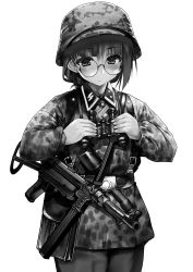 1girl binoculars camouflage combat_helmet explosive female_focus glasses gloves greyscale gun helmet long_sleeves military military_combat_uniform military_uniform monochrome mp40 nazi original samazuka_mashiro soldier solo ss_insignia stahlhelm submachine_gun weapon woodland_camouflage world_war_ii