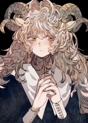 Rule 34 | 1girl, animal ears, beads, black background, black cloak, blonde hair, capelet, cloak, collared capelet, cross, goat horns, hair between eyes, highres, horizontal pupils, horns, long hair, nun, original, prayer beads, simple background, solo, udo9, upper body, white capelet, yellow eyes