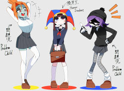 3girls absurdres brown_hair colored_skin company_connection crossover glitch_productions green_skin hat highres jester_cap melancholy_hill multicolored_eyes multiple_girls murder_drones orange_hair pomni_(the_amazing_digital_circus) ponytail purple_hair robot_girl school_uniform short_ponytail skirt socks the_amazing_digital_circus the_gaslight_district thighhighs uzi_(murder_drones)
