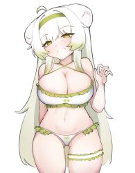 1girl absurdres ahoge alternate_costume animal_ears bare_shoulders belly bikini breasts breasts_squeezed_together cleavage ferret ferret_ears ferret_girl food fruit g-string gluteal_fold gradient_hair green_bikini green_eyes green_hair hairband hand_up head_tilt highres laimu_(vtuber) large_breasts lime_(fruit) lime_slice long_hair midriff multicolored_bikini multicolored_hair navel open_mouth sae_art simple_background skindentation swimsuit thigh_gap thigh_strap thighs thong thong_bikini two-tone_hair vinesauce virtual_youtuber waving white_background white_bikini white_hair