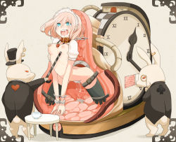 1girl alice_in_wonderland aqua_eyes ball_gag bdsm belt bondage bottomless bound breasts cane chain clock collar cuffs cum cup drooling earrings gag gag_around_neck unworn_gag happy hat highres jewelry kneeling large_breasts machine mad_hatter_(alice_in_wonderland) maid maid_headdress march_hare_(wonderland) monocle nipple_piercing nipples open_mouth original piercing pink_hair pussy_juice rabbit restrained saliva sex_machine smile takagi_(tansuke) tansuke teacup thighhighs top_hat ungagged wiffle_gag