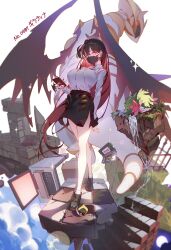 1girl absurdres black_footwear black_hair black_skirt black_wings breasts cellphone collared_shirt colored_inner_hair computer_keyboard crossed_legs earrings fence floating_rock full_body gen_4_pokemon giratina giratina_(altered) glowing glowing_eyes hair_intakes handheld_game_console highres holding holding_phone huge_breasts hxxg iron_fence jewelry legendary_pokemon looking_at_viewer mask monitor mouth_mask multicolored_hair mythical_pokemon nintendo nintendo_2ds pencil_skirt personification phone poke_ball pokemon red_eyes red_hair reference_inset ruins shaymin shirt side_slit signature skirt sleeping smartphone socks stairs standing streaked_hair tile_floor tiles tree ultra_ball water waterfall watson_cross white_background white_shirt white_socks wings