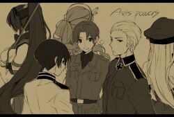 Rule 34 | 3boys, 3girls, ahoge, axis powers hetalia, back, bare shoulders, belt, beret, bismarck (kancolle), border, breast pocket, breasts, closed mouth, collared jacket, collared shirt, cross, crossover, detached sleeves, english text, floating hair, flower, from behind, from side, germany (hetalia), hair between eyes, hair flower, hair ornament, hat, headband, high ponytail, hita (hitapita), iron cross, jacket, japan (hetalia), kantai collection, lapels, large breasts, littorio (kancolle), long hair, long sleeves, looking at viewer, looking back, military hat, military jacket, military uniform, monochrome, multiple boys, multiple girls, necktie, non-web source, northern italy (hetalia), open mouth, pocket, ponytail, shirt, short hair, simple background, sleeveless, sleeveless shirt, smile, standing, v-shaped eyebrows, wavy hair, yamato (kancolle)