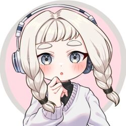 1girl :o amakusa_setoka blush braid commentary_request dot_nose grey_eyes headphones highres open_mouth original sleeves_past_wrists solo sweater thick_eyebrows twin_braids upper_body white_sweater
