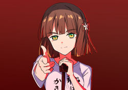 Rule 34 | 1girl, black hair, blunt bangs, blunt ends, bob cut, breasts, clothes writing, commentary request, drop shadow, finger gun, flower, flower knot, green eyes, hair flower, hair ornament, haji wa jinsei no kakisute, highres, link! like! love live!, looking at viewer, love live!, medium breasts, microphone, microphone stand, momose ginko, nogreen, pointing, pointing at viewer, red background, shirt, short hair, short sleeves, simple background, solo, t-shirt, upper body, white flower, white shirt