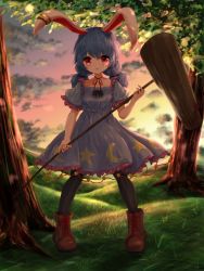 1girl animal_ears ankle_boots bad_id bad_pixiv_id black_pantyhose blue_dress blue_hair boots brown_boots cloud commentary crescent_print crying crying_with_eyes_open dress earclip female_focus gradient_sky grass hair_between_eyes highres hill holding holding_mallet kayon_(touzoku) kine lace-up_boots looking_at_viewer low_twintails mallet neck_ribbon open_mouth outdoors pantyhose parted_lips puffy_short_sleeves puffy_sleeves rabbit_ears red_eyes red_ribbon ribbon seiran_(touhou) short_hair short_sleeves sky solo standing star_(symbol) star_print tears touhou tree twilight twintails