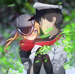 1boy 1girl admiral_(kancolle) blonde_hair blush caisan carrying faceless faceless_male highres kantai_collection leaf one_eye_covered outdoors princess_carry prinz_eugen_(kancolle)