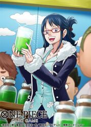 1girl blue_eyes blue_hair blue_shirt child commentary_request copyright_name eyelashes floral_print fur-trimmed_jacket fur_trim giant glasses glint hair_bun holding jacket official_art one_piece one_piece_card_game shinra0609 shirt sidelocks smile tashigi teeth upper_body upper_teeth_only