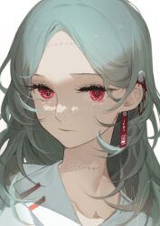 1girl :| bleeding blood blood_in_hair closed_mouth collared_shirt commentary dog_tags earrings english_commentary green_hair head_tilt highres jewelry looking_at_viewer nail_hair_ornament original red_eyes shirt solo stitched_face stitched_neck stitches swept_bangs white_shirt yoimon