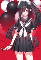 1girl absurdres arm_behind_back balloon black_hair black_nails black_serafuku black_shirt bracelet collared_shirt eyepatch hair_over_one_eye high-waist_skirt highres holding holding_knife jewelry knife long_hair nail_polish neckerchief one_eye_covered original pleated_skirt ponytail red_background red_eyes ribbon-trimmed_headwear ribbon_trim school_uniform serafuku shirt sidelocks skirt smile solo very_long_hair wanko_(yurika0320) white_neckerchief