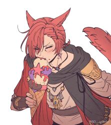 Rule 34 | 1boy, animal ears, archon mark, bd opener, black scarf, cat boy, cat ears, cat tail, closed eyes, eating, final fantasy, final fantasy xiv, food, g&#039;raha tia, hair ornament, highres, holding, holding ice cream cone, ice cream, ice cream cone, jewelry, male focus, miqo&#039;te, neck tattoo, pendant, red hair, scarf, shirt, short hair, simple background, solo, swept bangs, tail, tattoo, upper body, white background, white shirt, x hair ornament