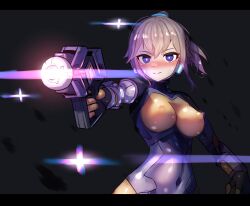 1girl absurdres agent_mirai aiming aiming_at_viewer black_background blue_eyes blush bodysuit borrowed_character breasts brown_hair closed_mouth covered_erect_nipples covered_navel finger_on_trigger firing glowing gun highres holding holding_gun holding_weapon impossible_bodysuit impossible_clothes large_breasts laser letterboxed looking_at_viewer medium_breasts mirai_(agent_mirai) natsukaze_shigure ponytail purple_eyes shiny_clothes skin_tight solo weapon