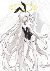 1girl absurdres animal_ear_hairband animal_ears bare_shoulders black_hairband blue_archive breasts fake_animal_ears g1_(user_tjwy5444) hair_over_one_eye hairband halo highres leotard malkuth_(blue_archive) one_eye_covered playboy_bunny rabbit_ear_hairband rabbit_ears small_breasts solo thighhighs thighs white_hair white_thighhighs yellow_eyes yellow_halo