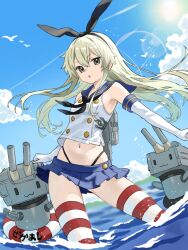 1girl anchor_hair_ornament black_hairband black_neckerchief black_panties blonde_hair blue_sailor_collar blue_skirt blue_sky cloud crop_top day elbow_gloves gloves grey_eyes hair_ornament hairband highleg highleg_panties highres kantai_collection long_hair looking_at_viewer microskirt miniskirt navel neckerchief outdoors panties pleated_skirt rensouhou-chan sailor_collar sakana_u_u shimakaze_(kancolle) shirt skirt sky sleeveless sleeveless_shirt striped_clothes striped_thighhighs thighhighs underwear wading water white_gloves