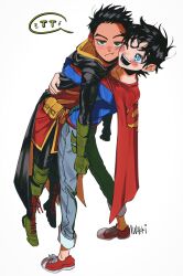 2boys ;d animification artist_name batman_(series) belt blue_eyes blush boots cape child damian_wayne dc_comics denim fingernails full_body gloves green_eyes green_footwear green_gloves highres hug iwakki jeans jonathan_kent male_focus multiple_boys one_eye_closed open_mouth pants robin_(dc) shoelaces shoes simple_background smile sneakers super_sons superboy superman_(series) t_t utility_belt white_background
