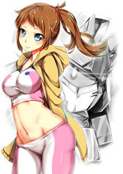 Rule 34 | 10s, 1girl, bike shorts, blue eyes, blush, brown hair, female focus, gundam, gundam build fighters, gundam build fighters try, highres, hoshino fumina, jacket, midriff, navel, packge, ponytail, scrunchie, smile, solo, sports bra, stomach, winning gundam