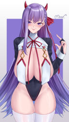 1girl bb_(fate) blush breasts cleavage closed_mouth covered_navel fang fang_out fate/extra fate/extra_ccc fate/grand_order fate_(series) hair_ribbon highres horns huge_breasts leotard long_hair long_sleeves looking_at_viewer mrnn purple_background purple_eyes purple_hair purple_leotard purple_shrug red_horns red_ribbon ribbon sagging_breasts shrug_(clothing) signature smile solo thighhighs thighs tongue tongue_out two-tone_background white_background white_thighhighs white_wrist_cuffs wrist_cuffs