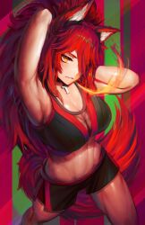 1girl abs absurdres animal_ears arm_behind_head arm_up armpits bare_shoulders biceps black_sports_bra breasts cleavage closed_mouth commentary cross cross_necklace english_commentary highres jewelry large_breasts long_hair looking_at_viewer muscular muscular_female navel necklace numanoan official_alternate_costume red_hair see-through_cleavage see-through_clothes solo sports_bra tail thick_thighs thighs virtual_youtuber vshojo wolf_ears wolf_tail yellow_eyes zentreya