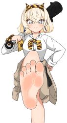 1girl absurdres barefoot blonde_hair club_(weapon) feet gloire_(kancolle) grey_eyes hand_on_own_hip highres kantai_collection light_blush looking_at_viewer medium_hair nairo smile soles toes