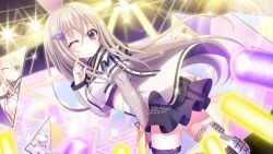 Rule 34 | 1girl, blurry, blurry foreground, boots, breasts, brown hair, concert, crop top, dot nose, film grain, finger to cheek, fishnet sleeves, fishnet thighhighs, fishnets, from behind, from below, game cg, glowstick, hair between eyes, hair ornament, hand on own thigh, idol, idol clothes, izumi tsubasu, leaning forward, lens flare, long hair, long sleeves, looking at viewer, looking back, non-web source, official art, one eye closed, prism, puckered lips, purple eyes, purple skirt, re:stage!, sakura miu, screen, skirt, small breasts, solo, sparkle, stage, stage lights, thighhighs, triangle hair ornament, twisted torso, very long hair, white boots