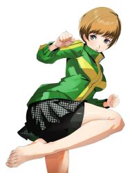 1girl bare_legs barefoot bike_shorts black_shorts breasts brown_eyes brown_hair character_name commentary davoxime english_commentary feet fighting_stance green_jacket grey_skirt highres jacket legs long_sleeves medium_breasts parted_lips persona persona_4 pleated_skirt print_skirt satonaka_chie school_uniform short_hair shorts simple_background skirt solo standing standing_on_one_leg textless_version toenails toes track_jacket white_background yasogami_school_uniform yellow_background zipper