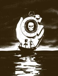 Rule 34 | absurdres, boat, cloud, cloudy sky, gloves, greyscale, highres, holding stopwatch, maskedchip, monochrome, outdoors, return of the obra dinn, ship, sky, stopwatch, watch, water, watercraft