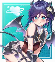 1boy :q absurdres aqua_eyes aqua_hair black_bow black_hair black_sleeves black_vest blush bow braid brown_leotard demon_horns demon_tail demon_wings earrings flower genshin_impact gradient_hair hair_bow hair_flower hair_ornament heart highres horns jewelry leotard looking_at_viewer male_focus momochiwood multicolored_hair simple_background smile solo tail tongue tongue_out twin_braids venti_(genshin_impact) vest white_background wings