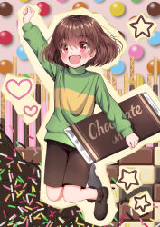 Rule 34 | 1other, :d, ankle boots, arm at side, arm up, black boots, blush, bob cut, boots, brown shorts, candy, chara (undertale), chocolate, chocolate bar, clenched hand, commentary request, eyes visible through hair, fj 0102, food, full body, green sweater, hair over eyes, heart, highres, holding, holding chocolate, holding food, jumping, long sleeves, looking ahead, open mouth, other focus, outline, outstretched arm, oversized food, oversized object, pocky, puffy long sleeves, puffy sleeves, short hair, shorts, smile, solo, sprinkles, star (symbol), striped clothes, striped sweater, sweater, turtleneck, turtleneck sweater, two-tone sweater, undertale, yellow outline, yellow sweater