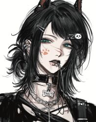 1girl animal_ears bang_dream! bang_dream!_it&#039;s_mygo!!!!! bite_mark_on_lip black_choker blue_eyes chinese_commentary choker commentary commentary_request cross cross_necklace ear_piercing face_piercing glasses hair_ornament hairclip highres implied_yuri jewelry kemonomimi_mode lip_piercing looking_at_viewer necklace o-ring o-ring_choker panda_hair_ornament paw_print piercing scratches simple_background siy_(shengxiu760722) solo symbol-only_commentary upper_body watermark white_background wolf_ears yahata_umiri
