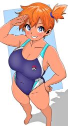 1girl barefoot blue_eyes blush breasts cleavage competition_swimsuit covered_navel dark-skinned_female dark_skin female_focus from_above grin gym_leader hand_on_own_hip large_breasts legs looking_at_viewer misty_(pokemon) navel nintendo one-piece_swimsuit orange_hair pokemon pokemon_(anime) pokemon_rgby ponytail salute short_hair side_ponytail smile solo standing swimsuit thick_thighs thighs wide_hips
