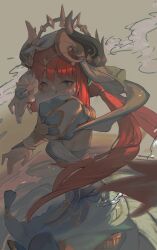 1girl absurdres aqua_eyes black_horns blue_nails blue_skirt breasts chinese_commentary commentary_request fake_horns genshin_impact harem_outfit highres horns long_hair looking_at_viewer low_twintails mouth_veil nilou_(genshin_impact) red_hair skirt small_breasts solo twintails veil white_veil zediyupaoxiao
