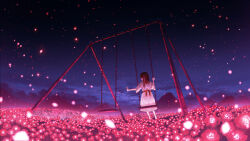 1girl absurdres brown_hair dress field flower flower_field glowing_flower highres long_hair on_swing original outdoors scenery shuu_illust sitting sky solo swing swing_set white_dress