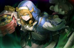 1boy absurdres androgyne_symbol aqua_eyes arm_up black_skirt blonde_hair blue_jacket bridget_(guilty_gear) commentary cuffs dark_background english_commentary fingerless_gloves from_above gloves guilty_gear guilty_gear_strive handcuffs highres holding holding_teddy_bear holding_toy hood hood_up hooded_jacket jacket looking_at_viewer mrstomachache multicolored_jacket nun oversized_object pleated_skirt shirt sidelocks skirt smile standing toy trap two-tone_jacket white_jacket white_shirt yo-yo