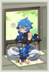 1girl ? bare_shoulders black_shirt blue_hair blue_nails breasts crossed_legs dif_(difman) difman feet fingerless_gloves gauntlets gloves hair_between_eyes hand_rest indoors large_breasts original pants shirt short_hair sitting solo speech_bubble toeless_legwear white_pants window yellow_eyes