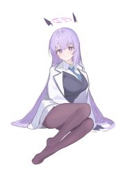 1girl artist_name black_pantyhose blue_archive blue_necktie blush breasts closed_mouth coat commentary feet floating_headgear full_body halo headgear highres long_hair medium_breasts necktie pantyhose purple_eyes purple_hair purple_halo simple_background sitting skirt smile solo utaha_(blue_archive) white_background white_coat yukki83130530