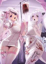 2girls apron bandages bandaid bandaid_hair_ornament black_nails black_streaks black_wings blood blood_bag blood_on_clothes blood_on_leg blush bow breasts buttons cetacean_tail cleavage_cutout clipboard clothing_cutout commentary_request cone_hair_bun corset_piercing cross dress elbow_gloves fangs fingernails fins fish_tail fishnets frilled_sleeves frills garter_straps gloves hair_between_eyes hair_bow hair_bun hair_ornament handprint hat heart heart_necklace heterochromia highres holding holding_clipboard holding_syringe indie_virtual_youtuber indoors iv_stand jewelry large_breasts long_fingernails long_hair mirukugatsu multicolored_hair multiple_girls necklace nomu_(29_nom) nurse nurse_cap open_mouth pink_bow pink_eyes pink_hair pink_streaks pointy_ears purple_eyes purple_hair raised_inner_eyebrows scalpel scissors sharp_fingernails short_sleeves single_elbow_glove single_fishnet_legwear sprinkle_hershy sprinkles streaked_hair swept_bangs syringe tail thighhighs thighs very_long_hair virtual_youtuber waist_apron white_apron white_dress white_garter_straps white_gloves white_thighhighs window wings x_hair_ornament zettai_ryouiki