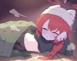 1girl beanie black_pants black_shirt blanket blue_archive blush braid breasts closed_eyes clothes_lift hair_bun halo hat highres maki_(blue_archive) navel pants red_hair red_halo shiroron_mochi shirt shirt_lift small_breasts smile sweat white_hat