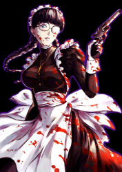 1girl apron black_dress black_hair black_lagoon blood blood_on_clothes blood_on_face blood_on_hands braid dress gun highres holding holding_gun holding_weapon kosaki0223 long_hair looking_at_viewer maid roberta_(black_lagoon) round_eyewear solo twin_braids weapon