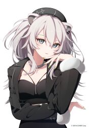 1girl ahoge animal_ear_fluff animal_ear_piercing animal_ears beret black_hat black_jacket black_shirt black_skirt breasts chain chain_necklace cleavage copyright_notice cropped_jacket cropped_shirt double-parted_bangs fur-trimmed_jacket fur_trim green_nails grey_eyes grey_hair hair_between_eyes hand_up hat hatsuka-20 highres hololive jacket jewelry lapels lion_ears long_hair looking_at_viewer medium_breasts messy_hair nail_polish necklace notched_lapels open_clothes open_jacket parted_lips shirt shishiro_botan sidelocks skirt solo straight-on virtual_youtuber
