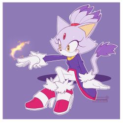 1girl blaze_the_cat border closed_mouth commentary crossed_legs emi_(storminghearts) eyelashes fire forehead_jewel full_body furry furry_female gloves high_heels highres purple_background purple_fur simple_background sitting solo sonic_(series) tail white_border white_gloves yellow_eyes
