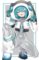 1girl :d absurdres ahoge aqua_bodysuit aqua_eyes aqua_hair bodysuit bodysuit_under_clothes boots breasts claw_pose covered_pussy cropped_jacket grey_bodysuit hair_ornament highres hood hood_up hooded_jacket jacket latex latex_bodysuit looking_at_viewer maguro27 medium_breasts open_mouth original rabbit_hair_ornament shiny_clothes short_hair skin_tight smile solo squatting thigh_strap two-tone_bodysuit variant_set