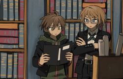 Rule 34 | 2hyu 00, ahoge, belt, black jacket, black pants, blue eyes, book, bookshelf, box, brown hair, collared shirt, crossed arms, danganronpa: trigger happy havoc, danganronpa (series), folder, glasses, green hoodie, hashtag-only commentary, holding, holding book, holding folder, hood, hoodie, jacket, long sleeves, naegi makoto, open clothes, open jacket, pants, shirt, spiked hair, togami byakuya, white-framed eyewear, white shirt